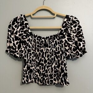 Monteau Leopard Smocked Top Womens Medium White Black Puff Sleeve Linen Blend